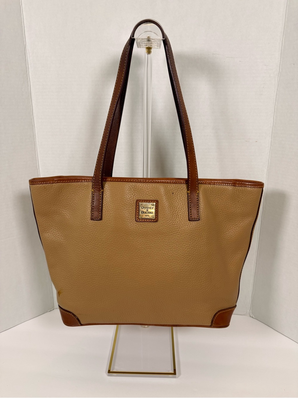 Dooney & Bourke Tan Pebbled Leather Tote with Brown Trim and Straps